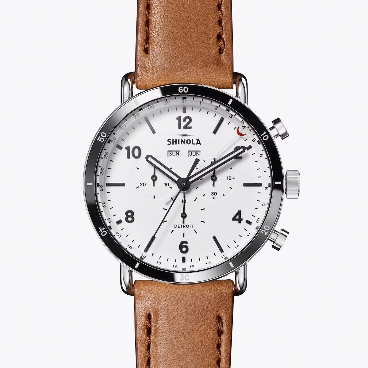 Shinola Mens Canfield Sport Chronograph Bourbon Leather Strap White Dial