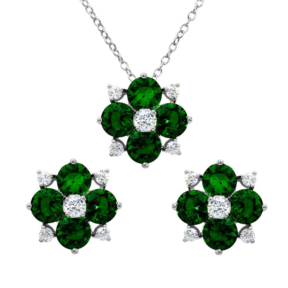 PARIKHS Rhodium Plated Green Flower CZ Necklace-Earring Set in 925 Sterling Silver