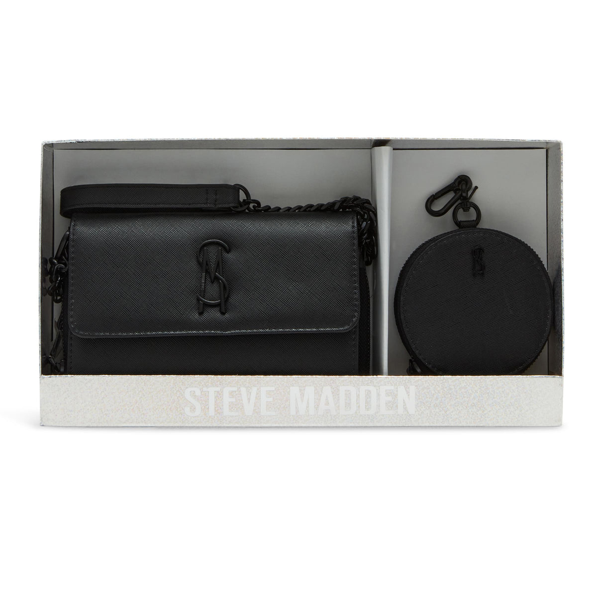 Steve Madden BCARINA Gift Boxed Faux Saffiano Crossbody Wallet Set - Black