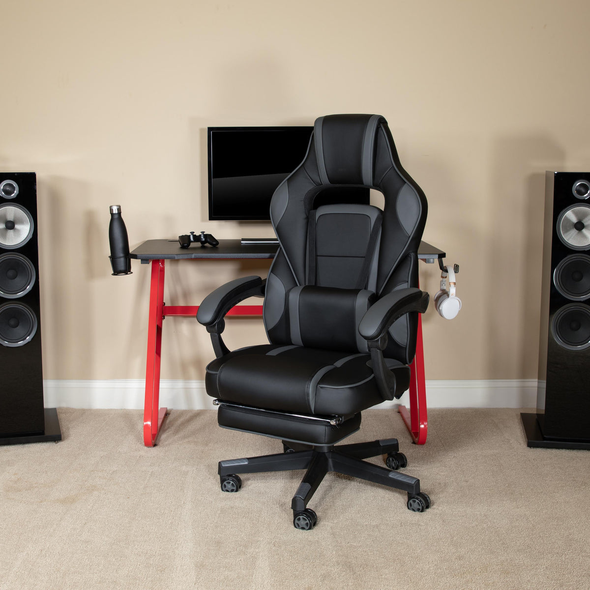 Flash Furniture Black/Gray Ergonomic Gaming Chair -Recline Back/Arms, Footrest, Massaging Lumbar