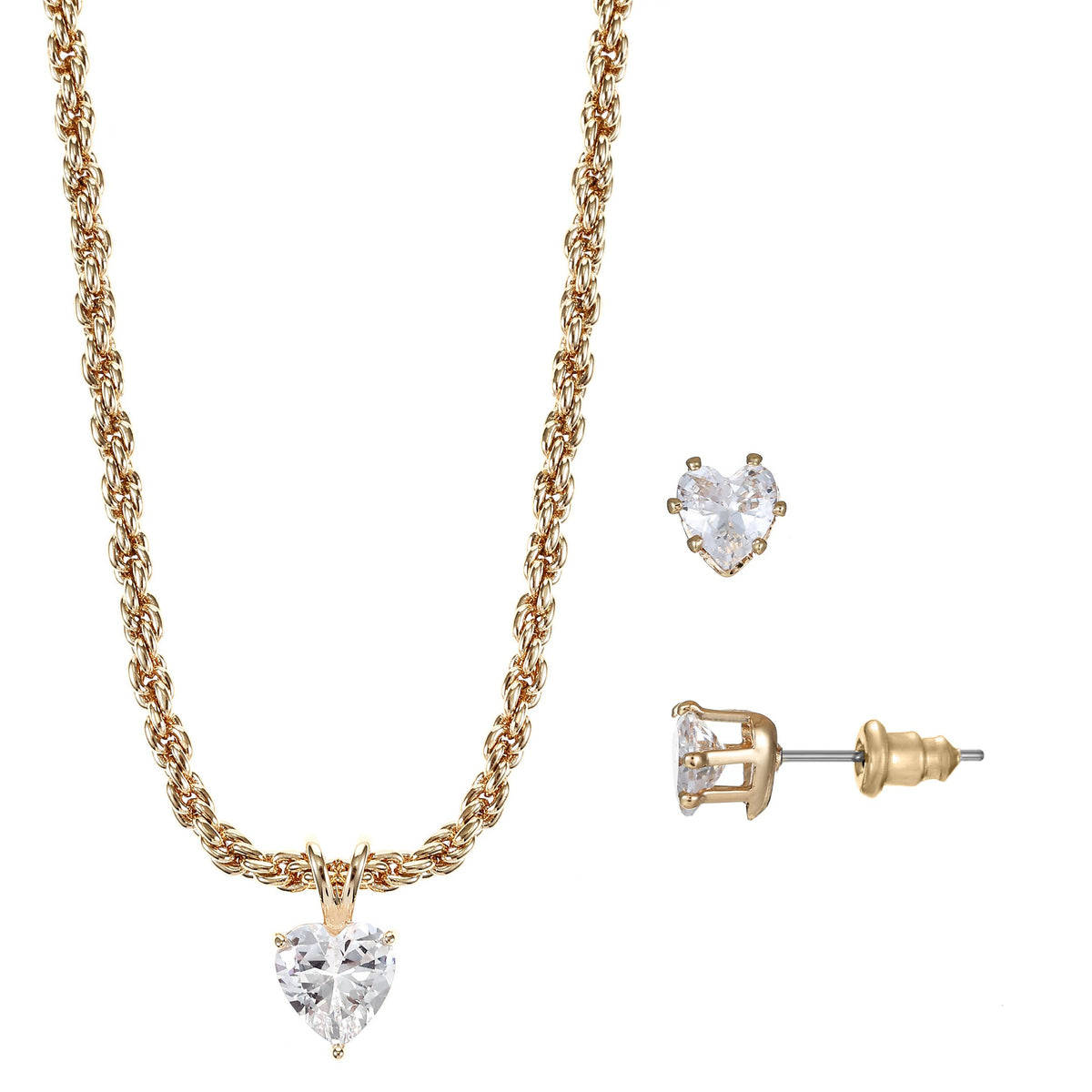 Joyful Sentiments Heart Cubic Zirconia Pendant and Stud Earrings Set - Goldtone