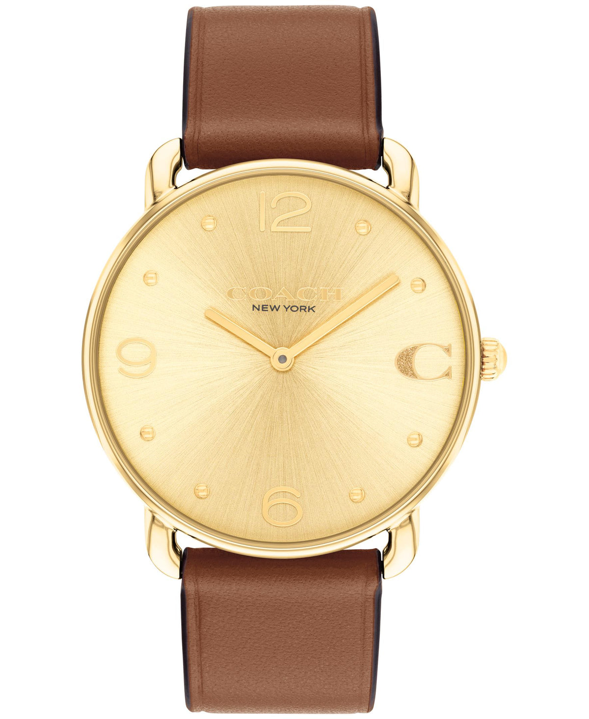 Coach Elliot Ladies. Gold Plated Case. Gold Plates Sunray Dial. Saddle Leather Strap.