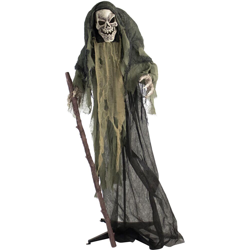 Haunted Hill Life-Size 5.7 Ft. Animatronic Skeleton Reaper Holding Staff with Lights & Sound, Indoor/Covered Outd