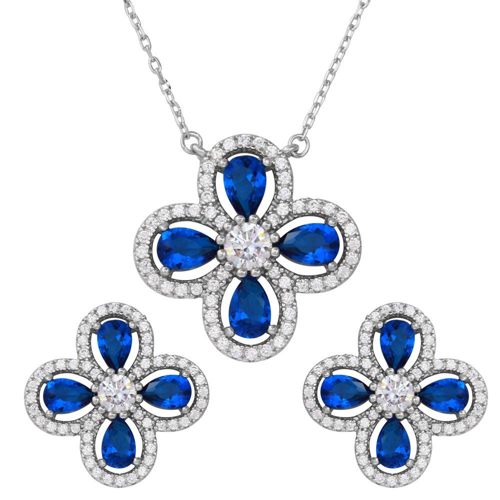 PARIKHS Rhodium Plated 4 Leaf Clover with Blue Teardrop, Clear Round CZ Set in 925 Sterling Silver