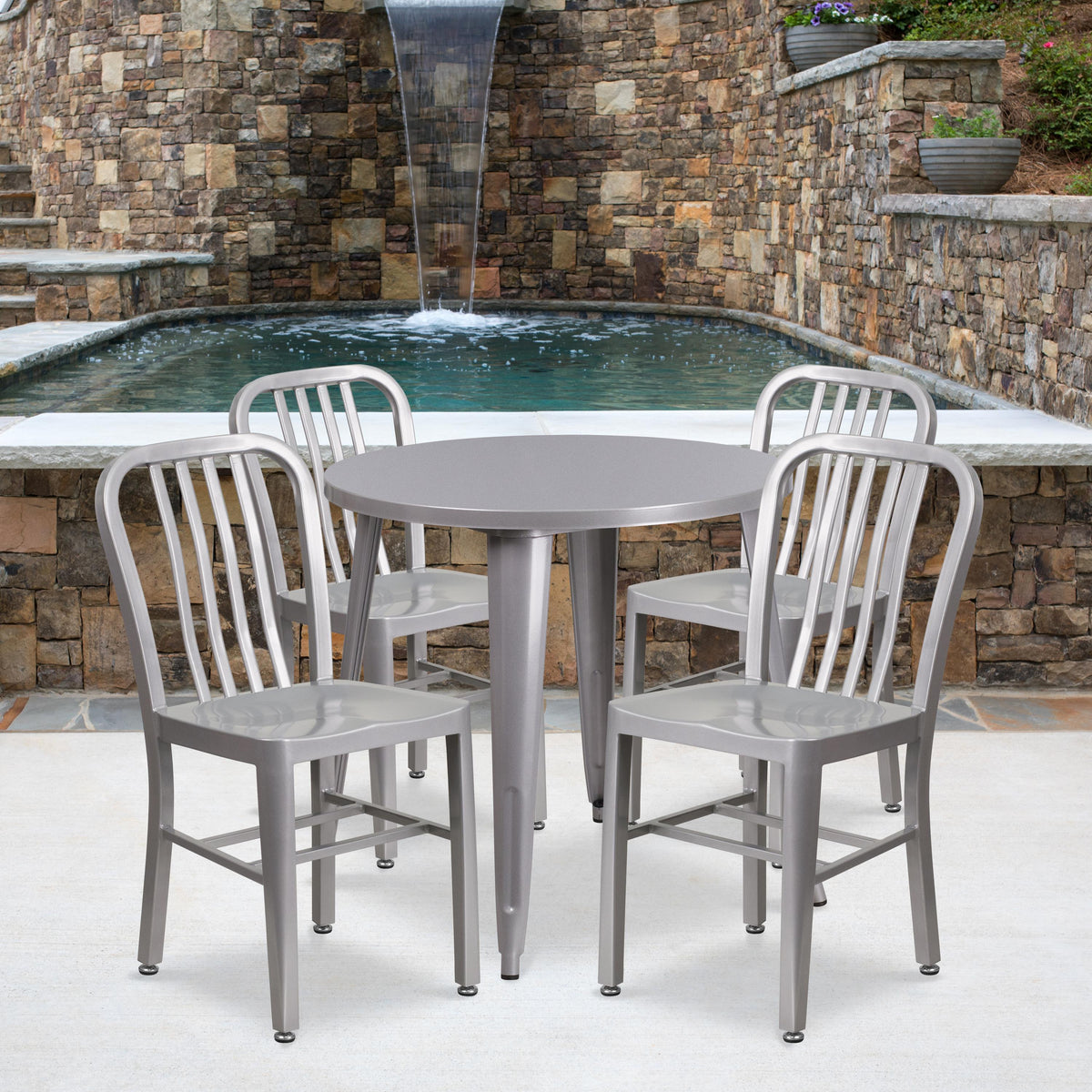 Flash Furniture 30" Round Silver Metal Indoor-Outdoor Table Set with 4 Vertical Slat Back Chairs