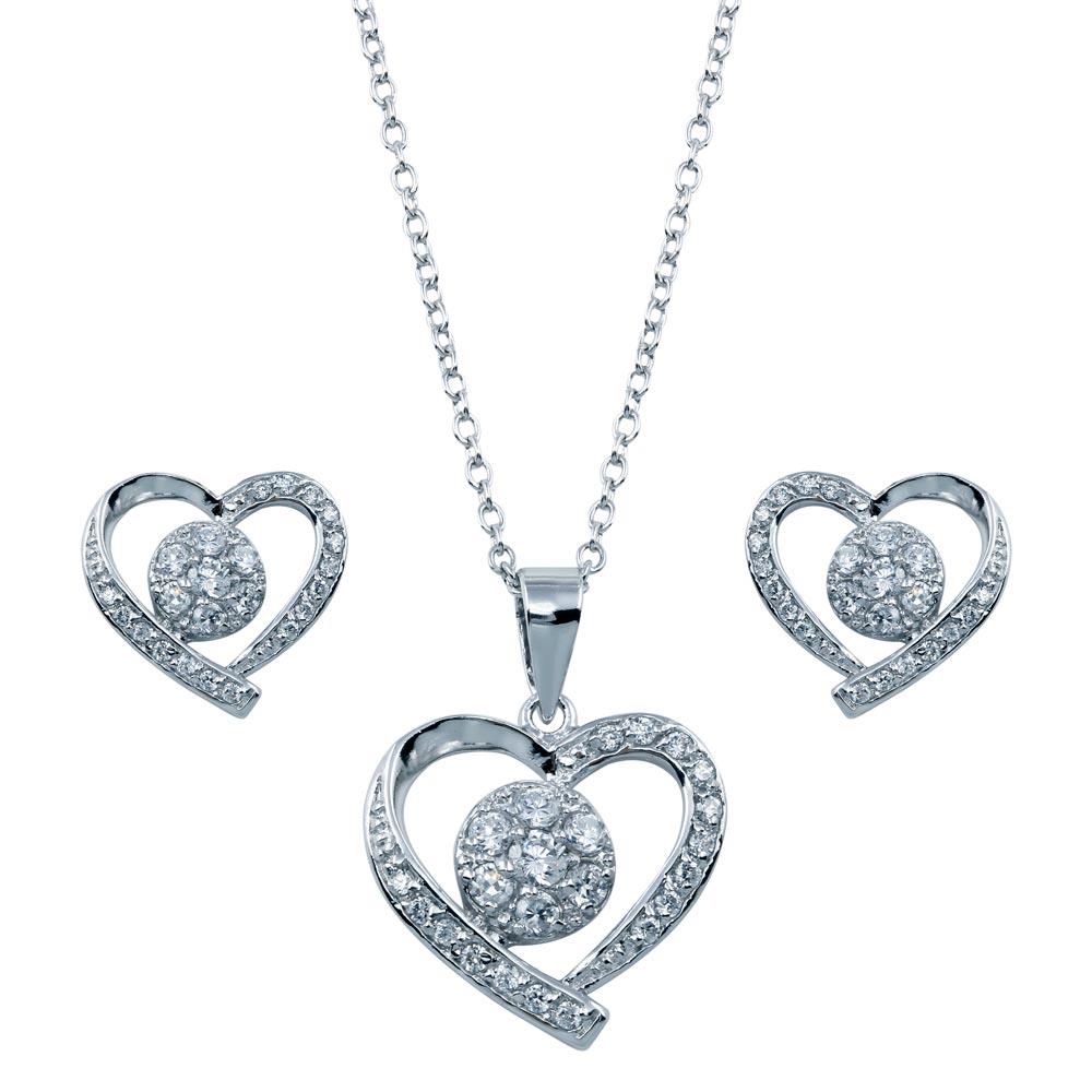 PARIKHS Rhodium Plated Open Heart Clear Outline CZ Necklace-Earring Set in 925 Sterling Silver
