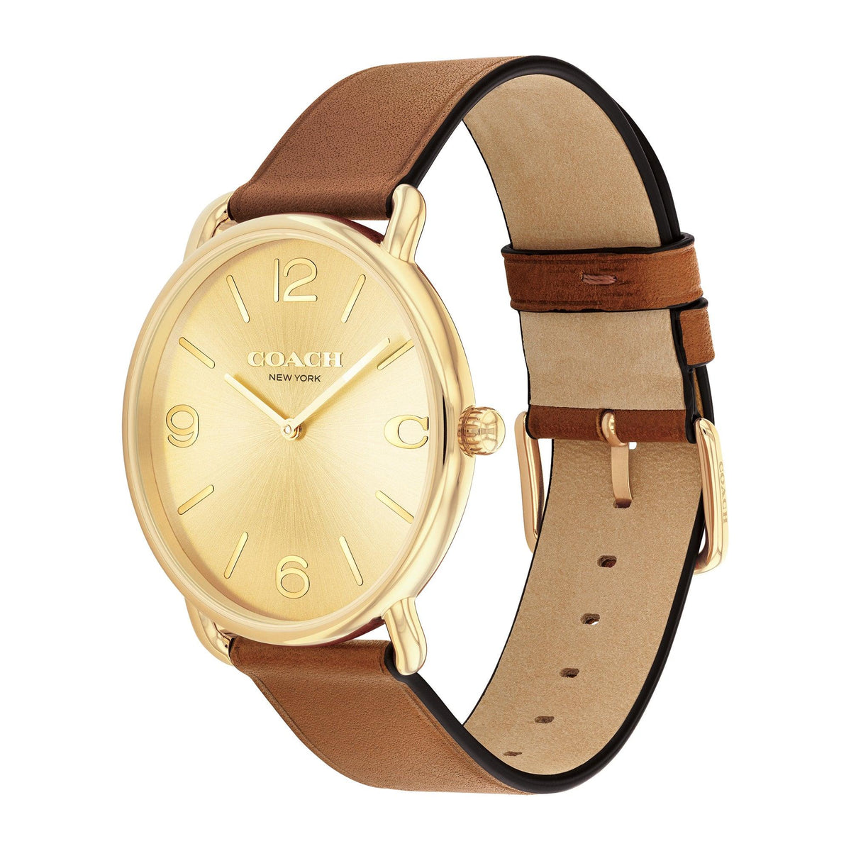 Coach Mens' Elliot Gold & Brown Leather Strap Watch Gold Dial