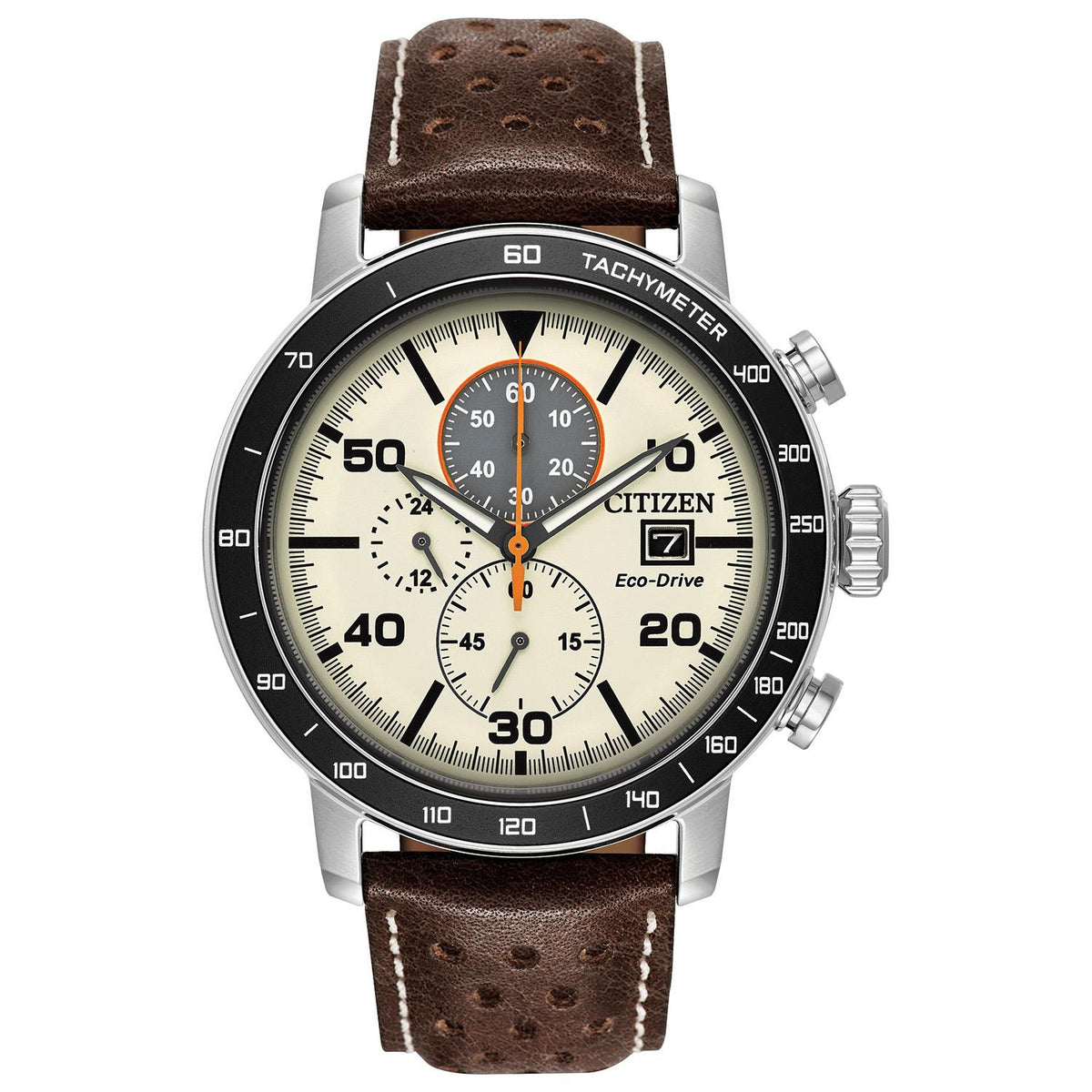 Citizen Mens Brycen Eco-Drive Multi-Dial Brown Leather Watch Ivory