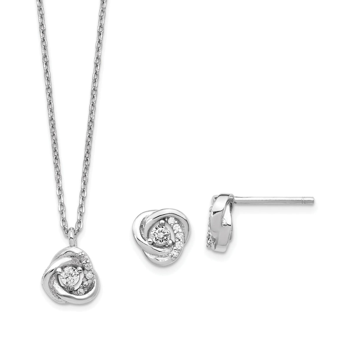 Distinctive Sterling Silver Rhodium-plated CZ Love Knot Earrings w/2in ext Necklace Set