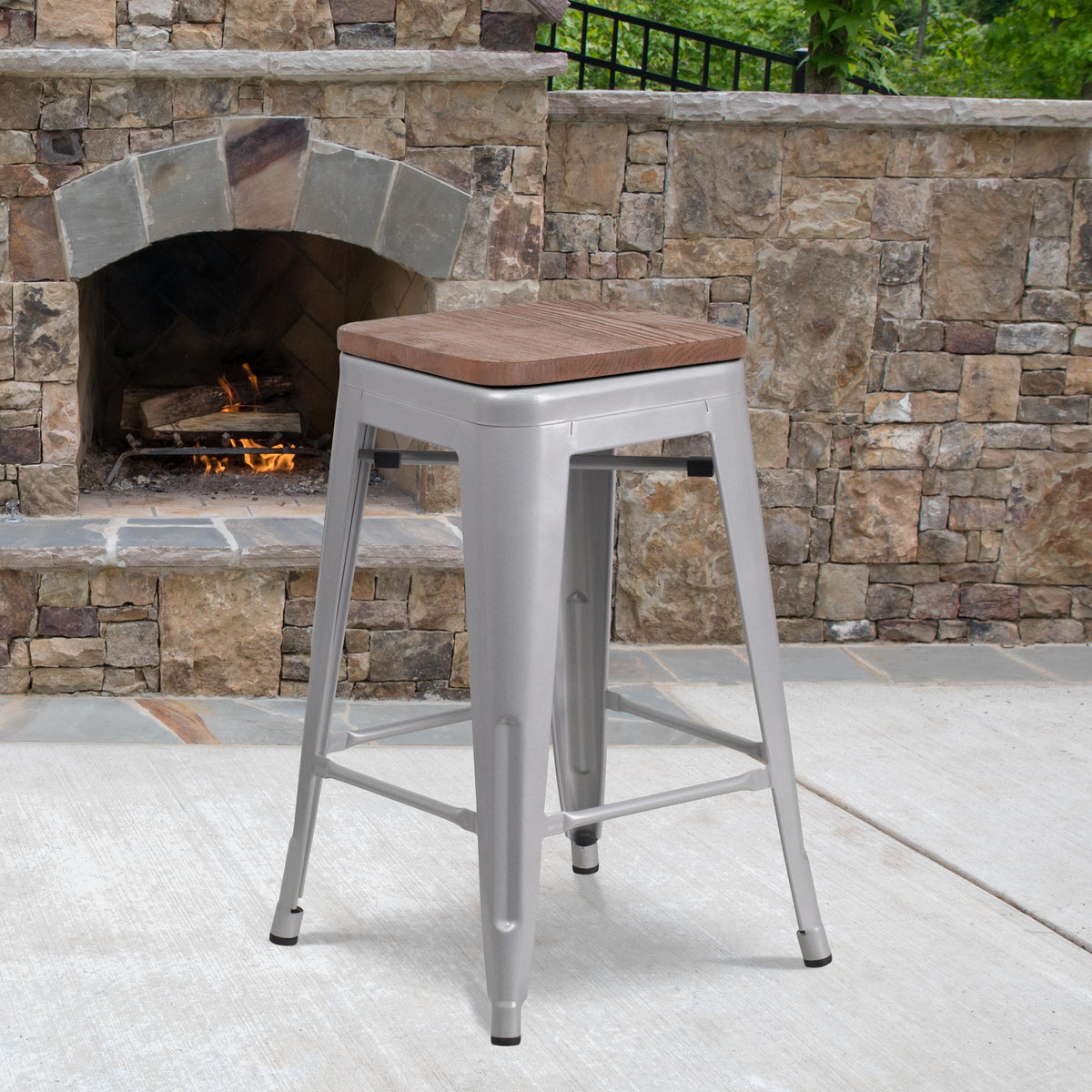 Flash Furniture 24" High Backless Silver Metal Counter Height Stool with Square Wood Seat