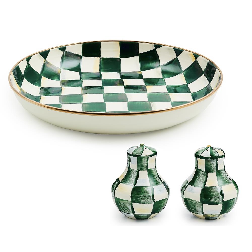 MacKenzie Childs Emerald Check Abundant Bowl & Shakers