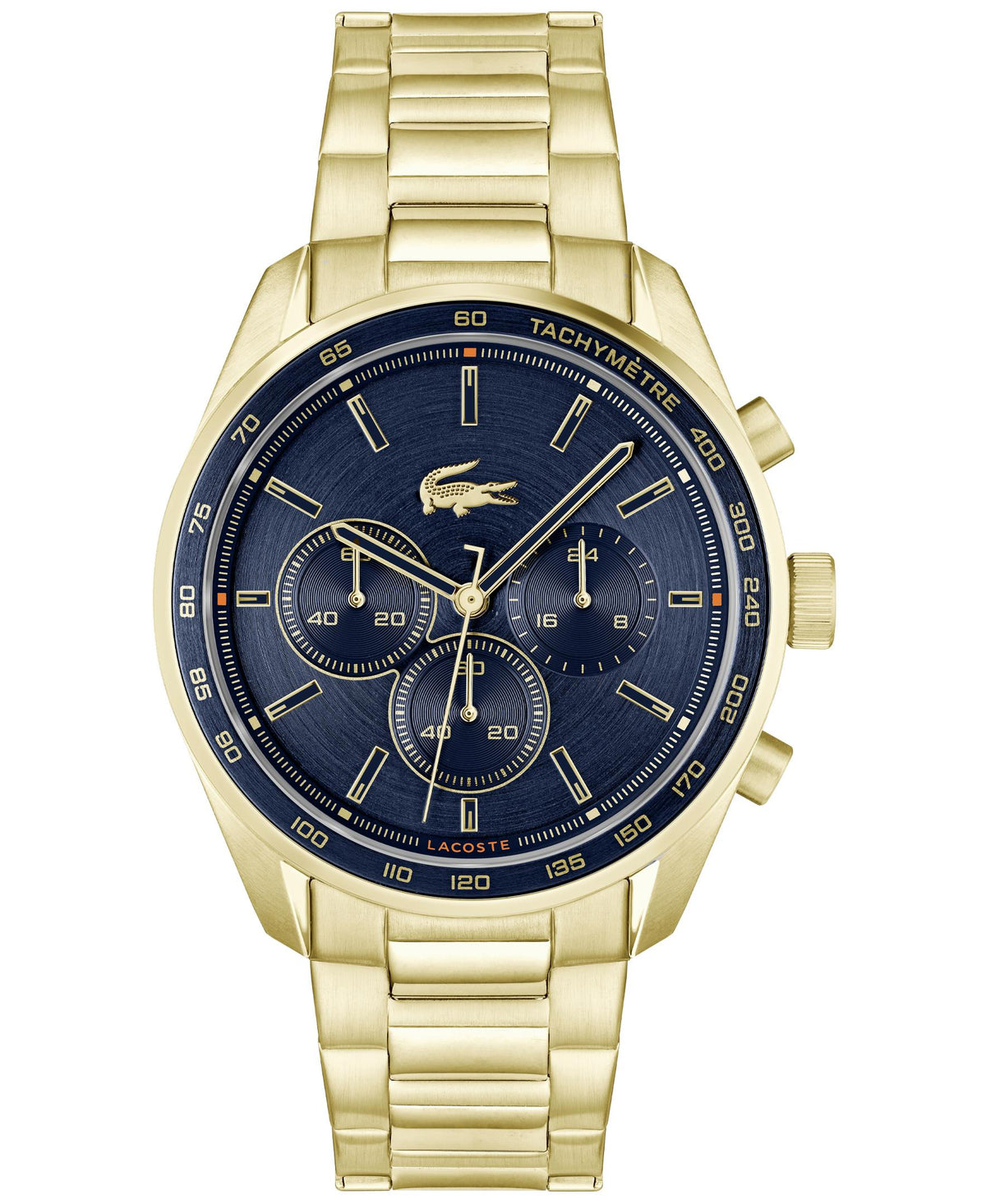 Lacoste Boston Gents. Yellow Gold IP Steel Case & Bracelet. Navy Aluminum bezel. Navy Dial
