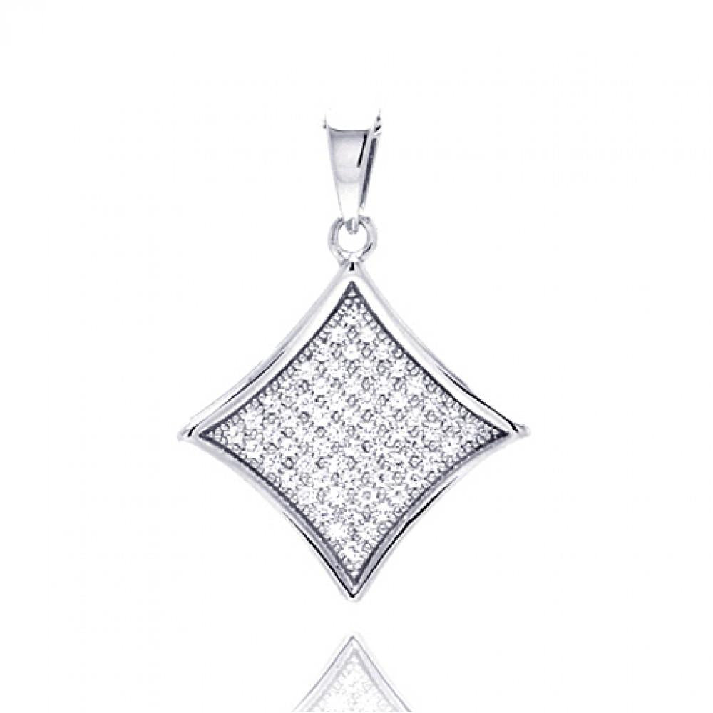PARIKHS Rhodium Plated Square Micro Pave CZ Dangling Pendant with Chain in 925 Sterling Silver
