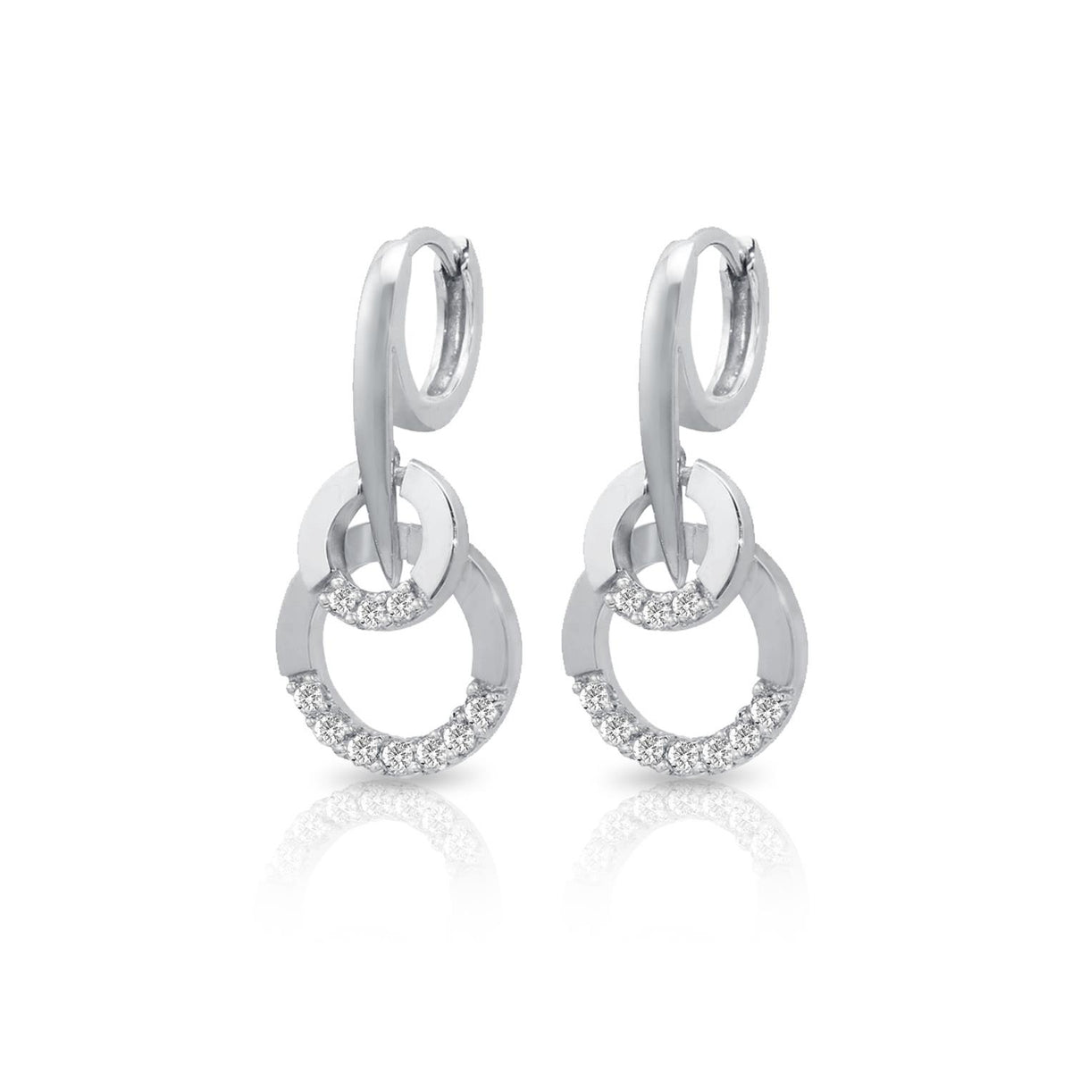 PARIKHS Rhodium Plated Two Round CZ Lever Back huggie hoop Earrings in 925 Sterling Silver