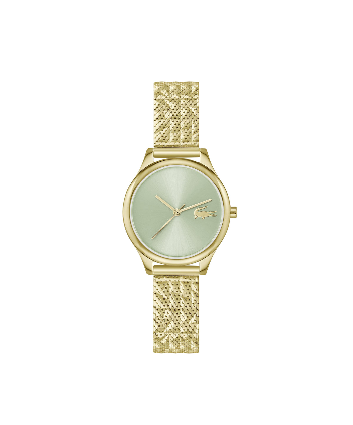 Lacoste Mini Crocodelle Ladies. Yellow Gold IP Case and textured Mesh bracelet. Green Dial