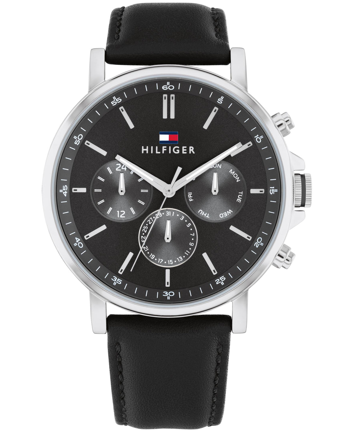 Tommy Hilfiger Gents. Stainless Steel Case. Black Leather Strap. Dark Grey Multi-function Dial.