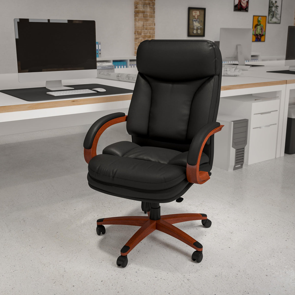 Flash Furniture High Back Black LeatherSoft Chair w/Synchro-Tilt Mechanism, Mahogany Wood Base