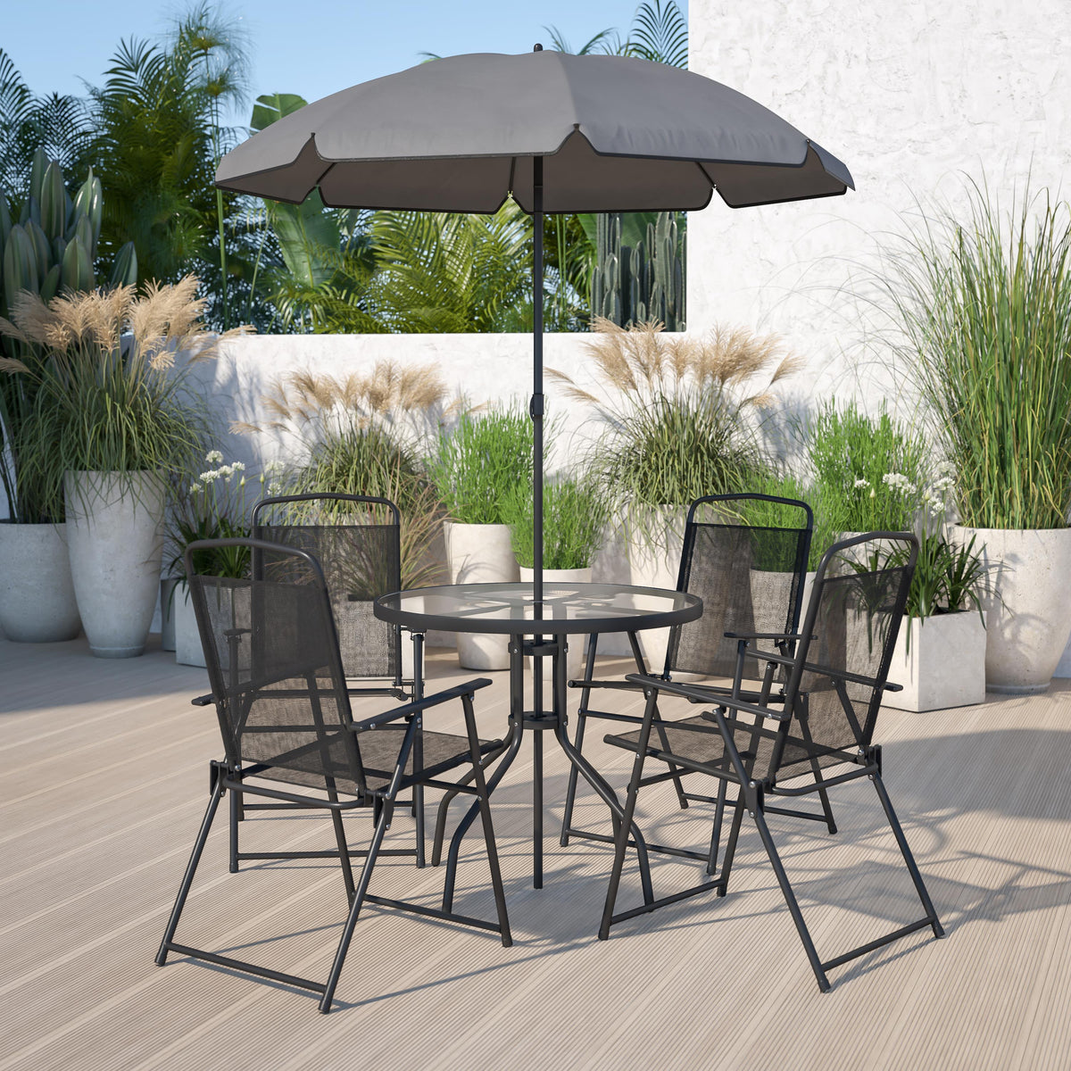 Flash Furniture 6 Piece Brown Patio Garden Set with Umbrella Table and Set of 4 Folding Chairs