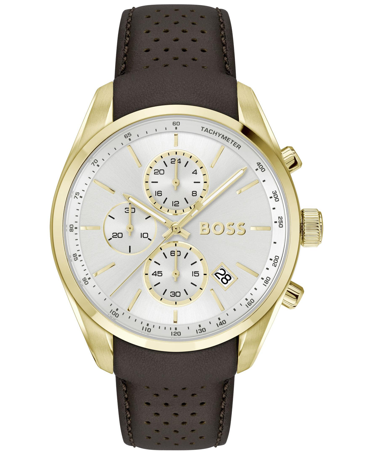 HUGO BOSS Boss Grand Prix 44 Chrono Gents. Light YG IP Case. Brown Leather Strap. Silver white Chrono Dial.