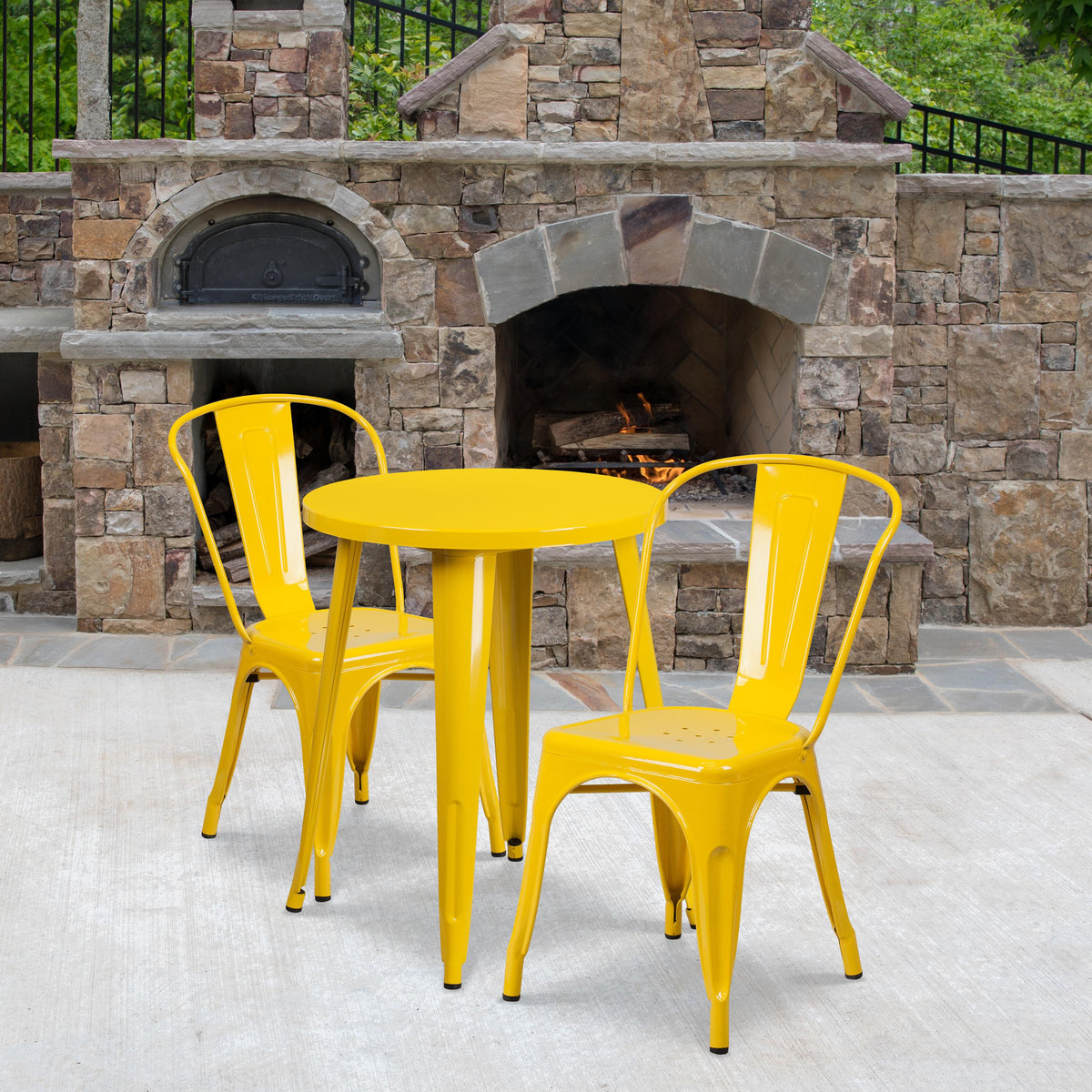 Flash Furniture 24" Round Yellow Metal Indoor-Outdoor Table Set with 2 Cafe Chairs - Patio Set
