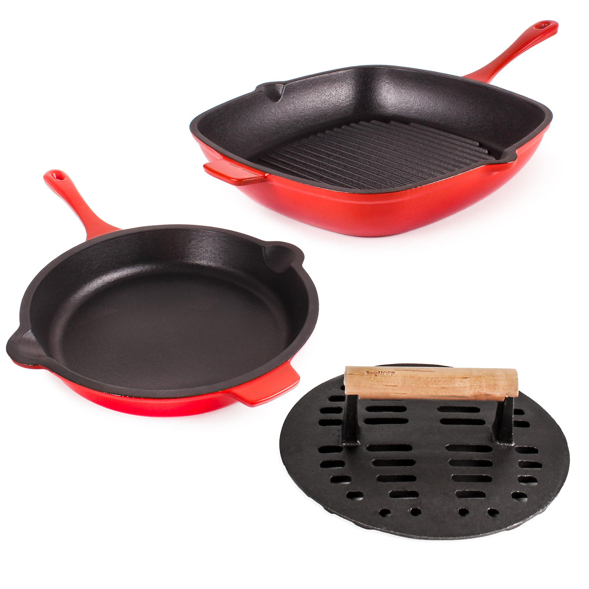 BergHOFF Neo 3pc Enamel on Cast Iron Cookware Set: 10" Fry Pan, Grill Pan and Slotted Steak Press, Red