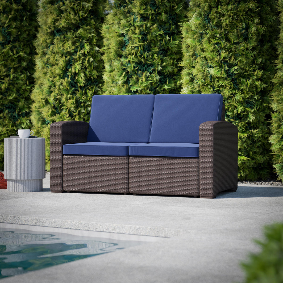 Flash Furniture Chocolate Brown Faux Rattan Loveseat with All-Weather Beige Cushions