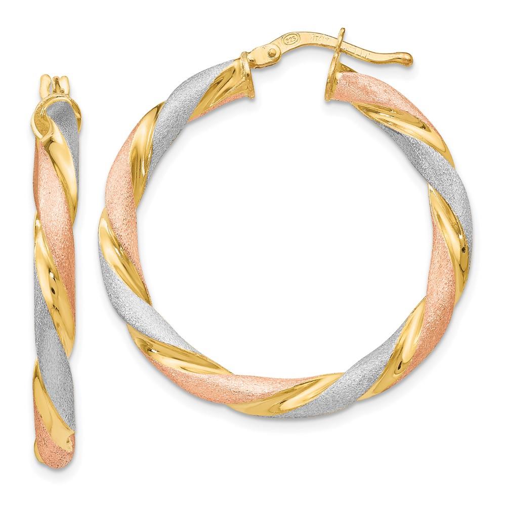 Distinctive Sterling Silver Tri-color Twisted Hinged Hoop Earrings
