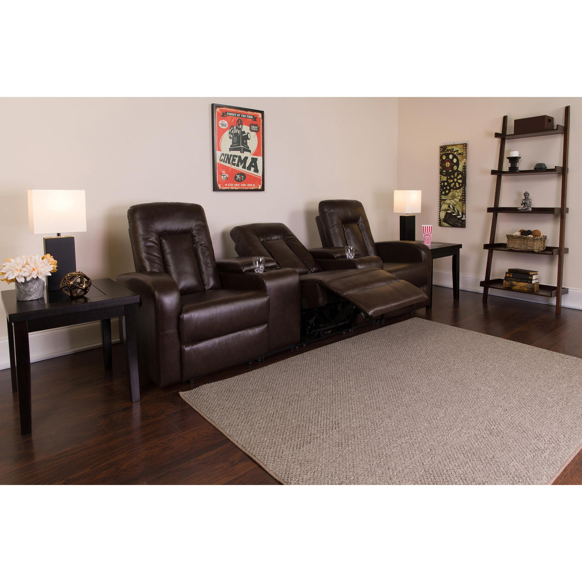Flash Furniture 3-Seat Push Back Reclining Black LeatherSoft Theater Seating Unit w/Cup Holders