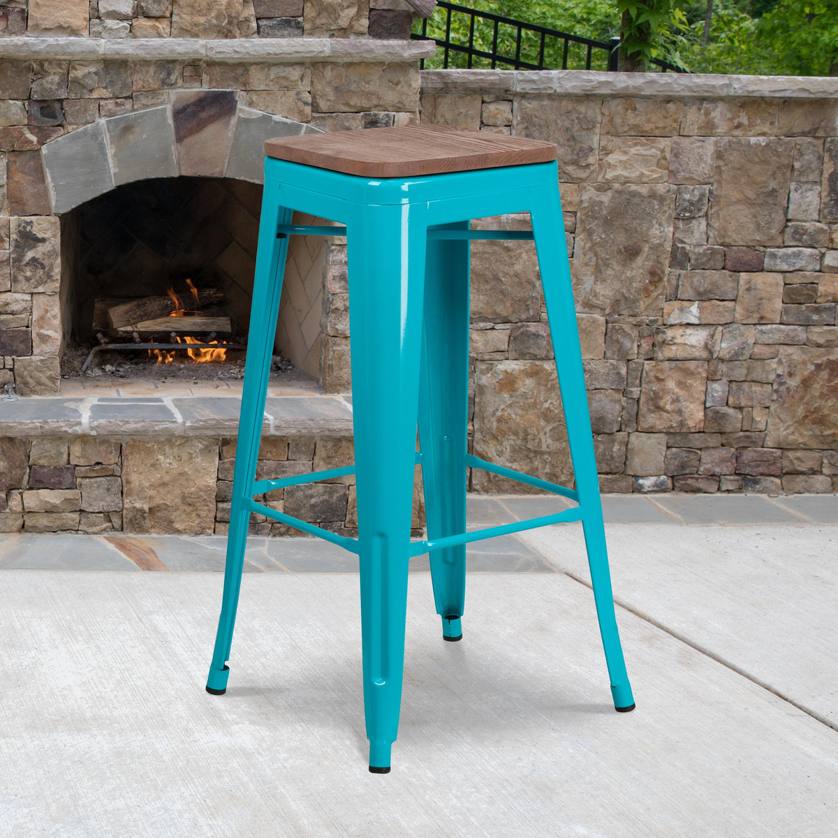 Flash Furniture 30" High Backless Crystal Teal-Blue Barstool with Square Wood Seat - Patio Chair