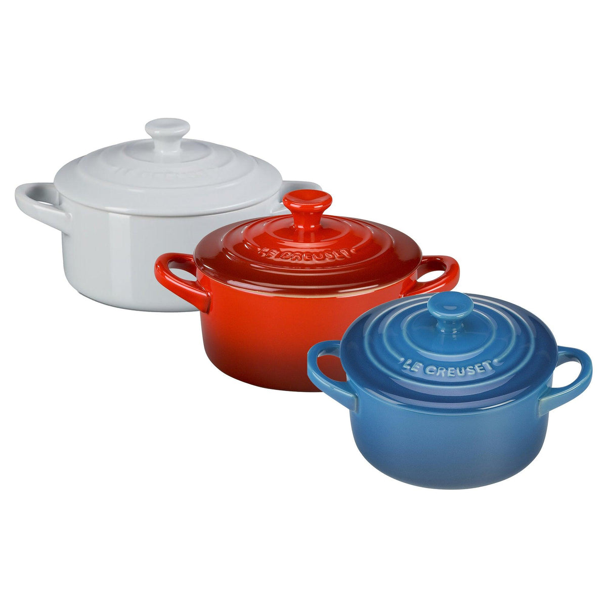 Le Creuset 3pc Red White & Blue 8oz Stoneware Mini Round Cocotte Set