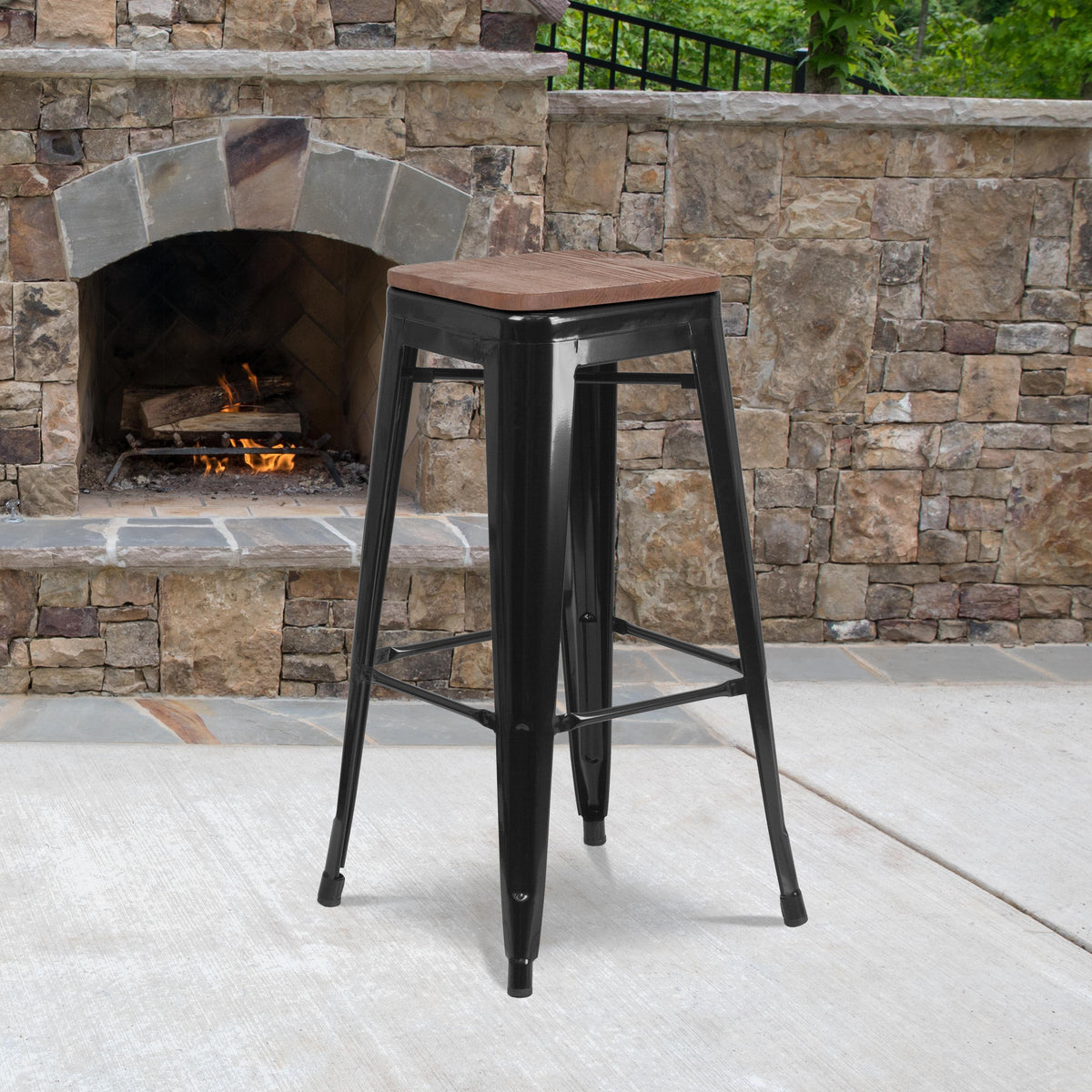 Flash Furniture 30" High Backless Black Metal Barstool with Square Wood Seat