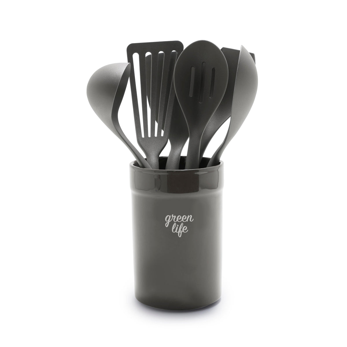 GreenLife 7pc Nylon Cooking Utensils w/ Ceramic Crock Charcoal Gray