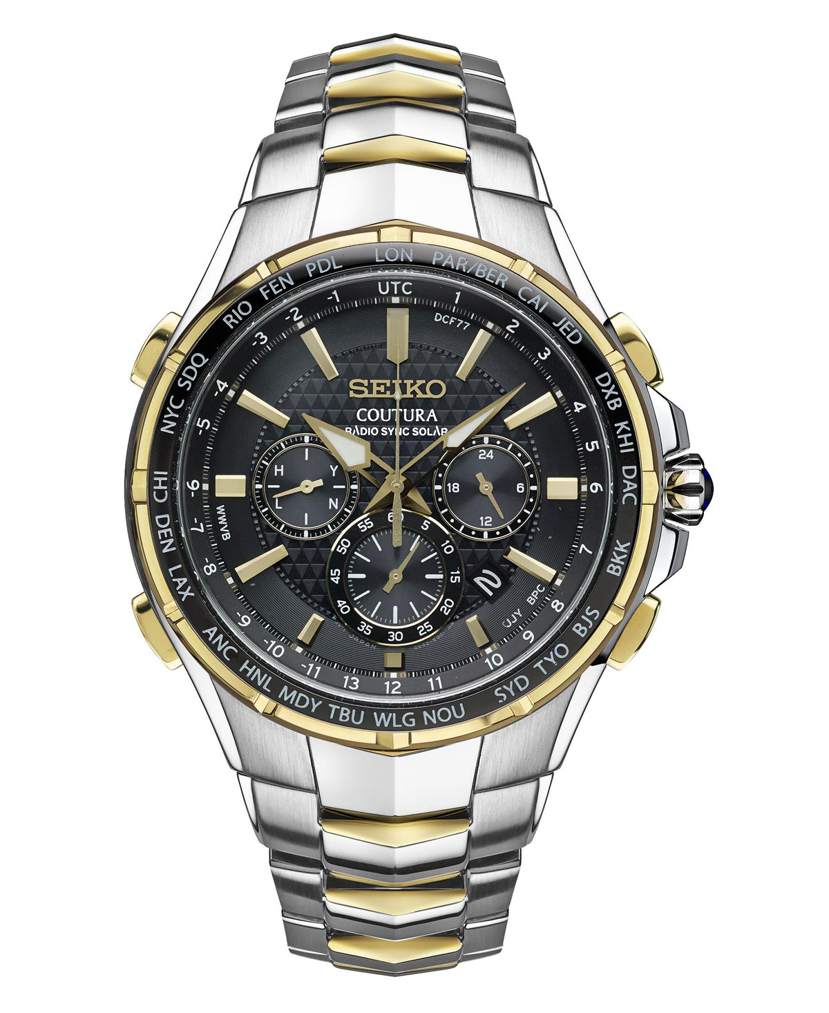 Seiko Mens Coutura Solar Radiowave Chrono 2-tone Silver/Gold Case Black Dial