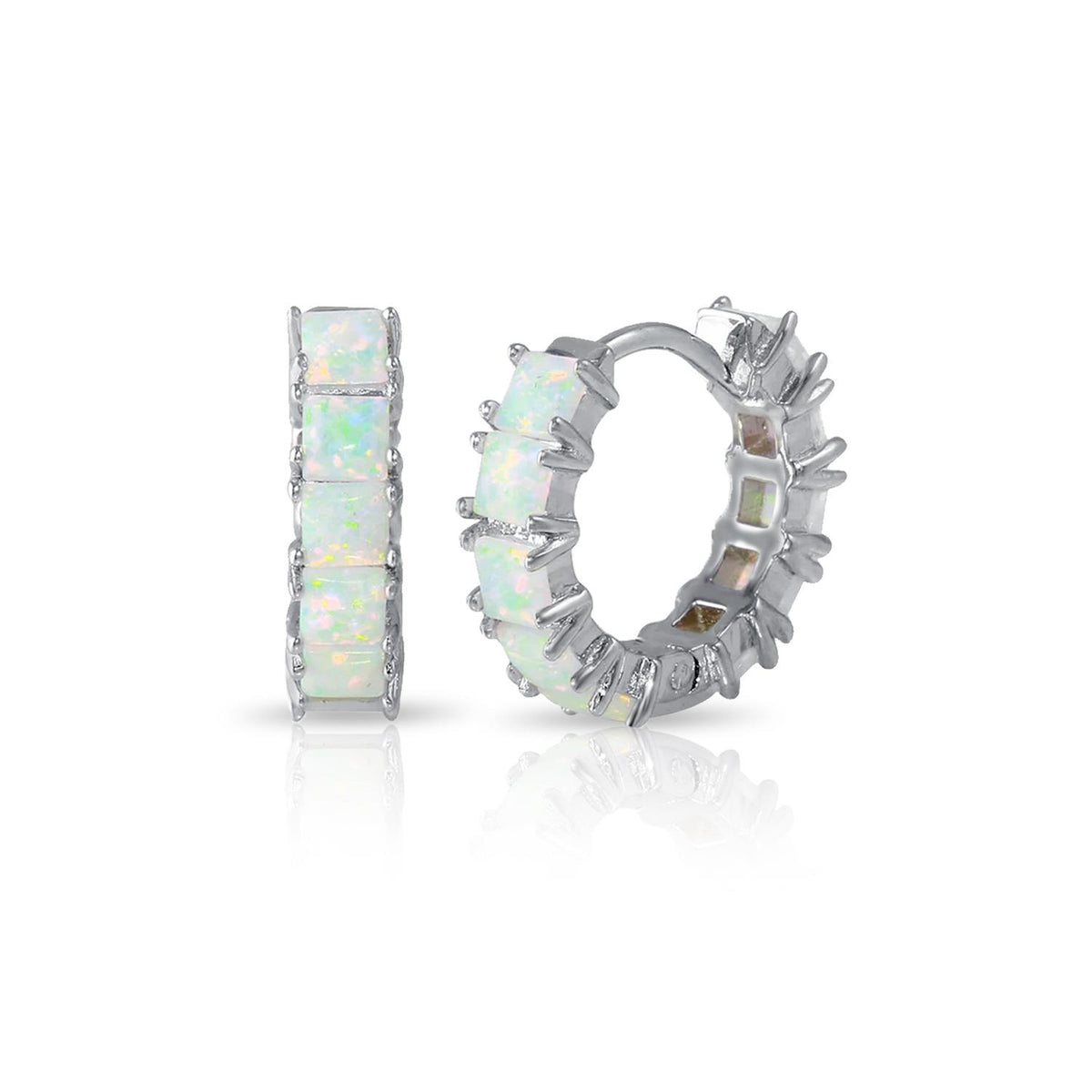 PARIKHS Rhodium Plated Opal huggie Hoop Earrings in 925 Sterling Silver-16MM