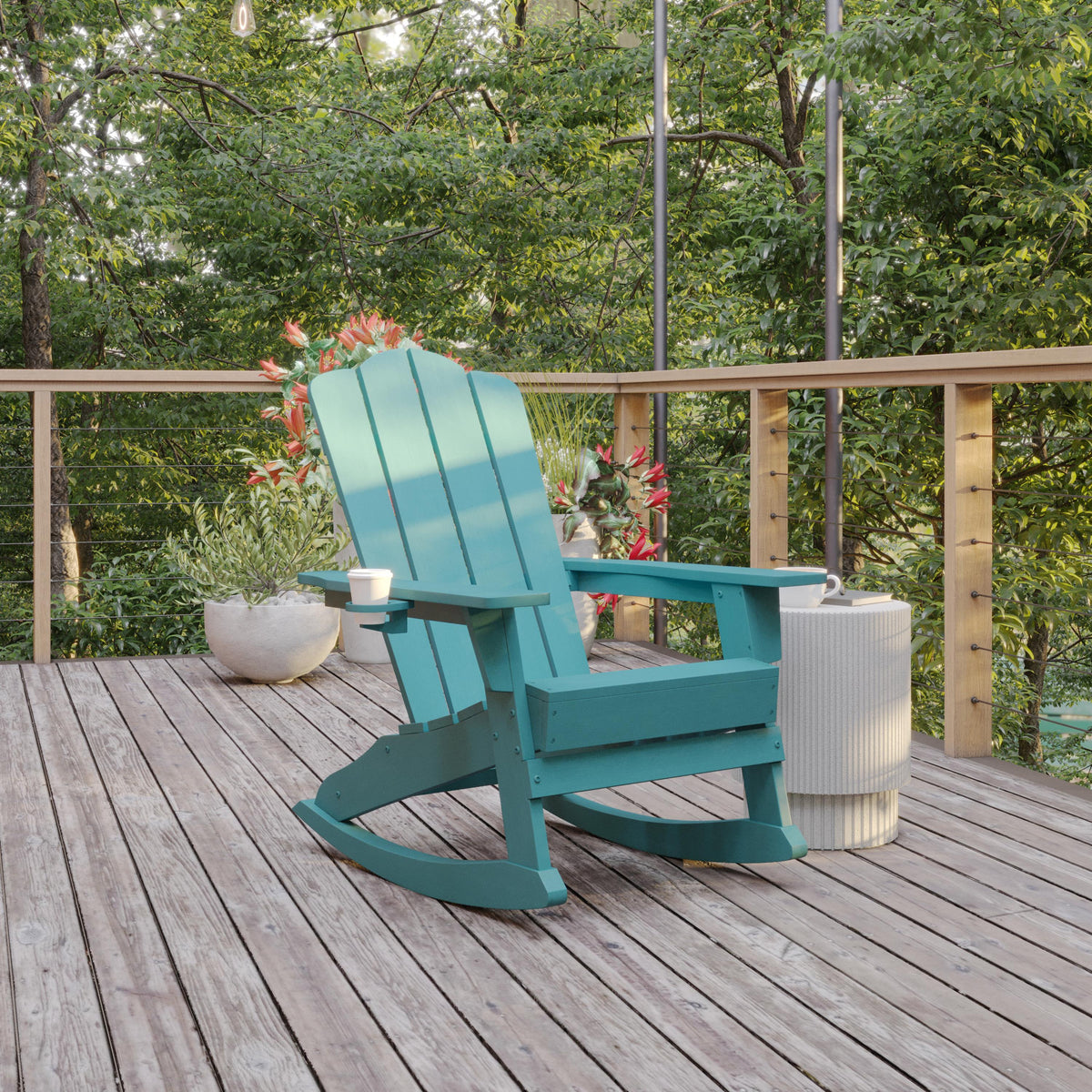 Flash Furniture Commercial All-Weather Rocking Adirondack Chair with Swiveling Cupholder - Gray