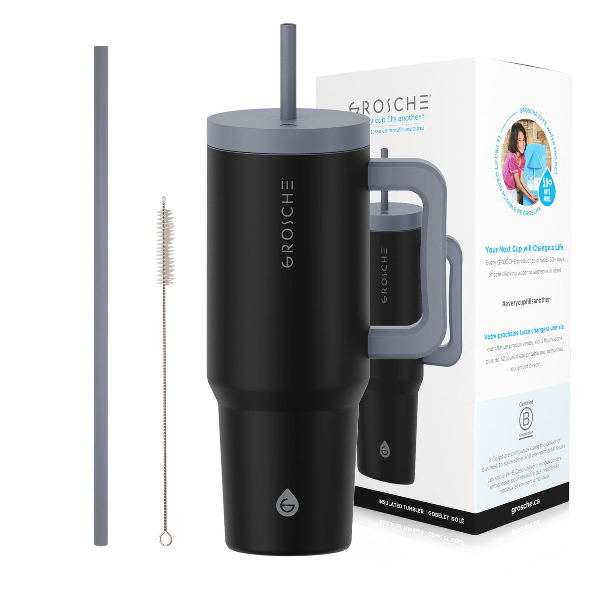 Grosche Aspen 40 oz. Insulated Straw Tumbler, Graphite Black