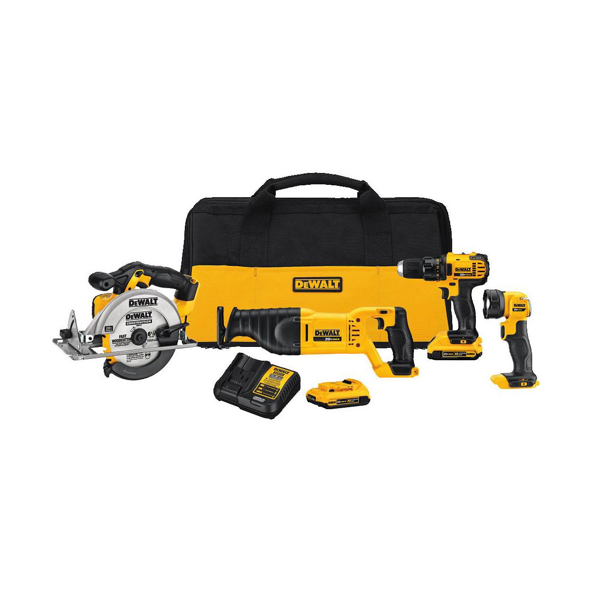 DeWalt 20V MAX Cordless 4-Tool Combo Kit - Drill/Driver Recip Saw Circ Saw Light