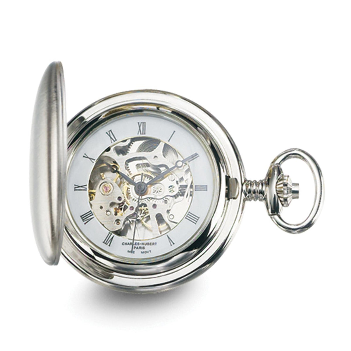 Distinctive Gifts Charles Hubert Chrome Finish White Skeleton Dial Pocket Watch 42mm