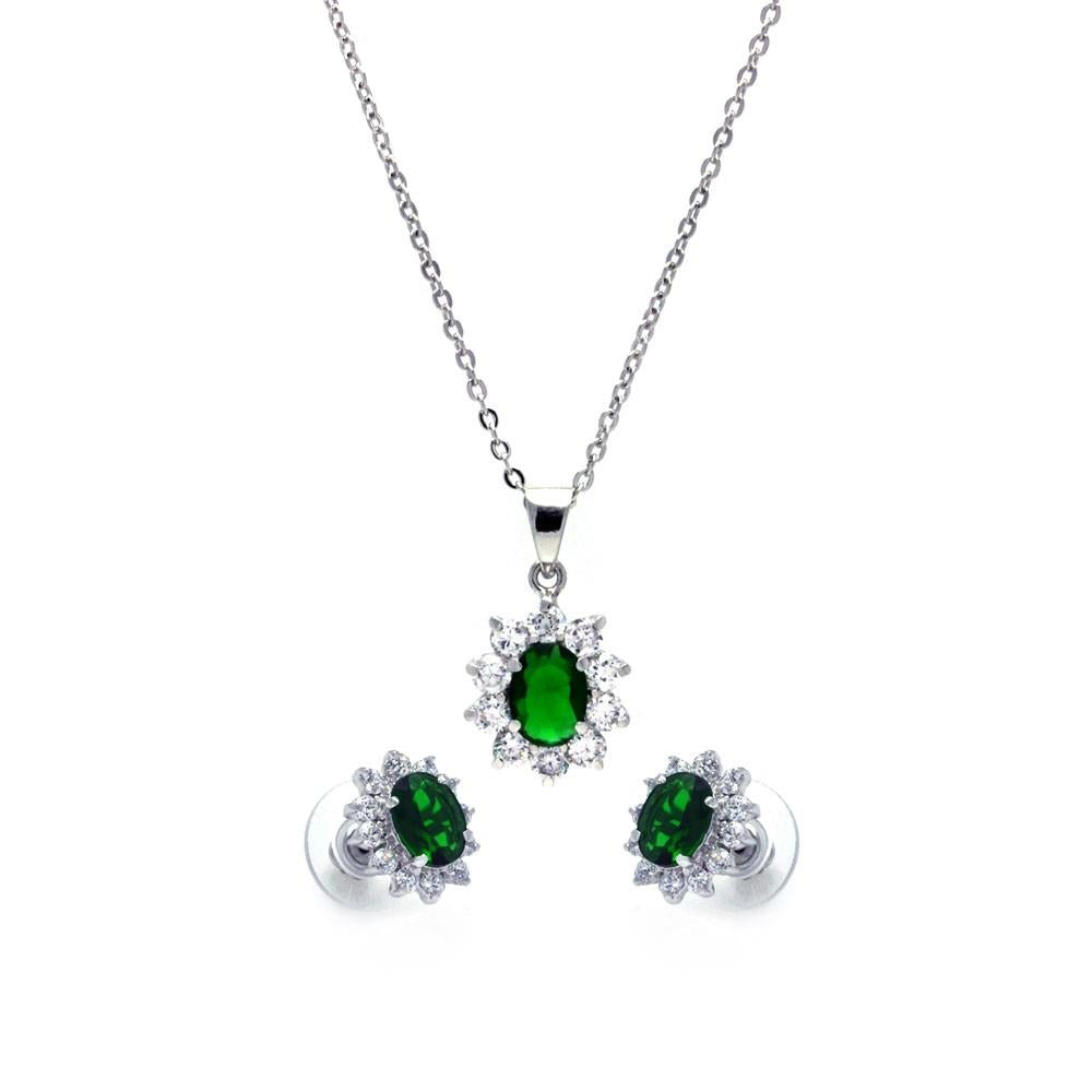 PARIKHS Rhodium Plated Green and Clear Cluster Flower CZ Dangling Set in 925 Sterling Silver