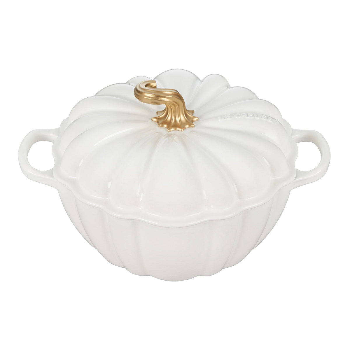 Le Creuset 4qt Cast Iron Pumpkin Cocotte w/ Gold Stem Lid White