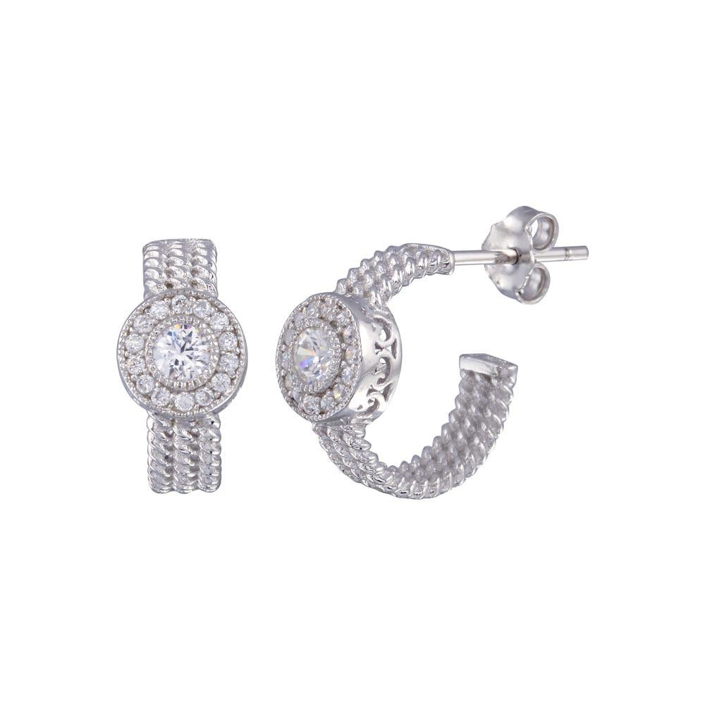PARIKHS Rhodium Plated Crescent Center Round CZ Semi-Huggie Earring in 925 Sterling Silver