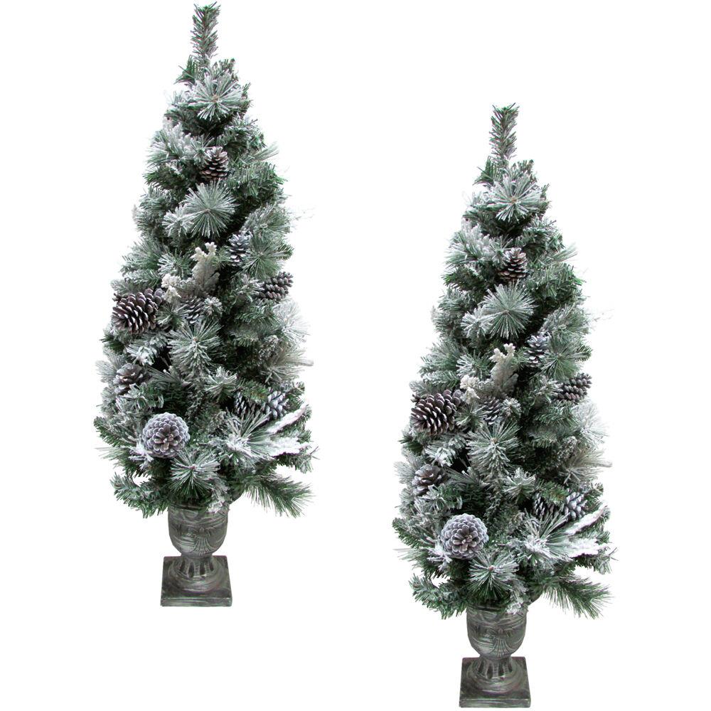 Fraser Hill 4-Ft. Christmas Snow Flocked Porch Trees with Oversized Pinecones, Set of 2