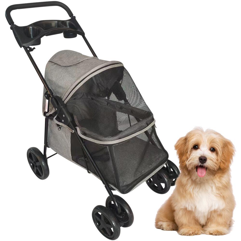 CRITTER SITTERS Single 4 Wheel Pet Stroller with Storage Basket in Grey