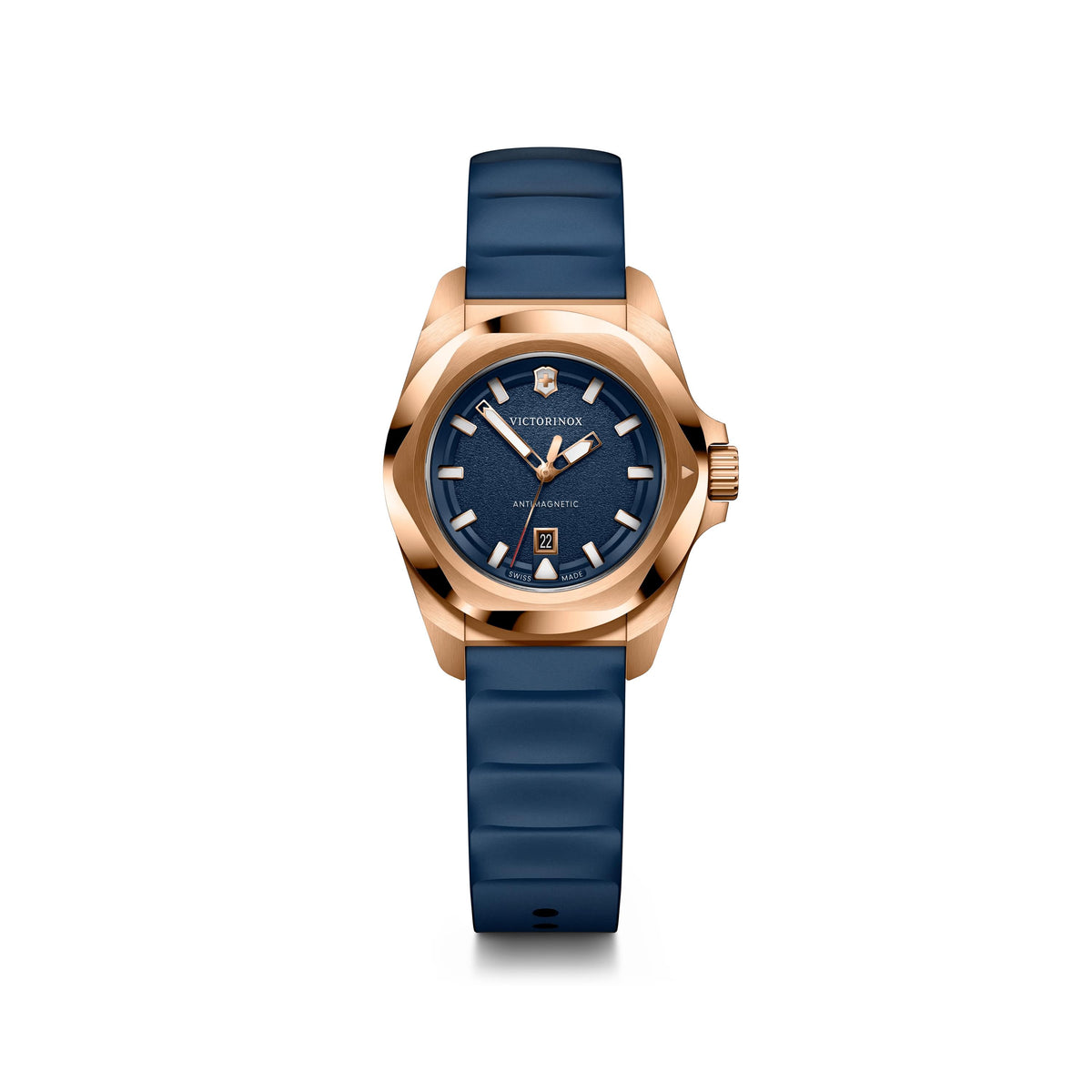 Victorinox Swiss Army I.N.O.X. 32mm, rose-gold stainless steel case and bezel, blue dial and rubber strap