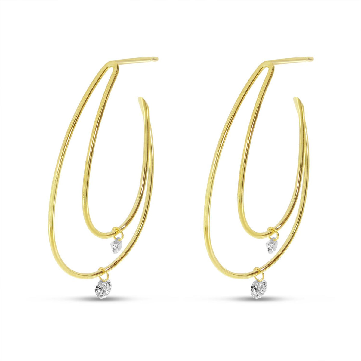 Distinctive 14K Yellow Gold Diamond Double Hoop Dashing Diamond Earrings