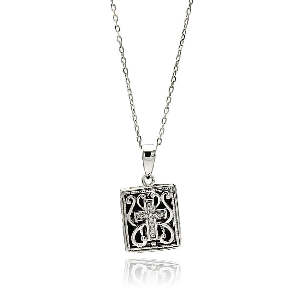 PARIKHS Rhodium Plated Square Inner Cross Black Filigree CZ Necklace in 925 Sterling Silver
