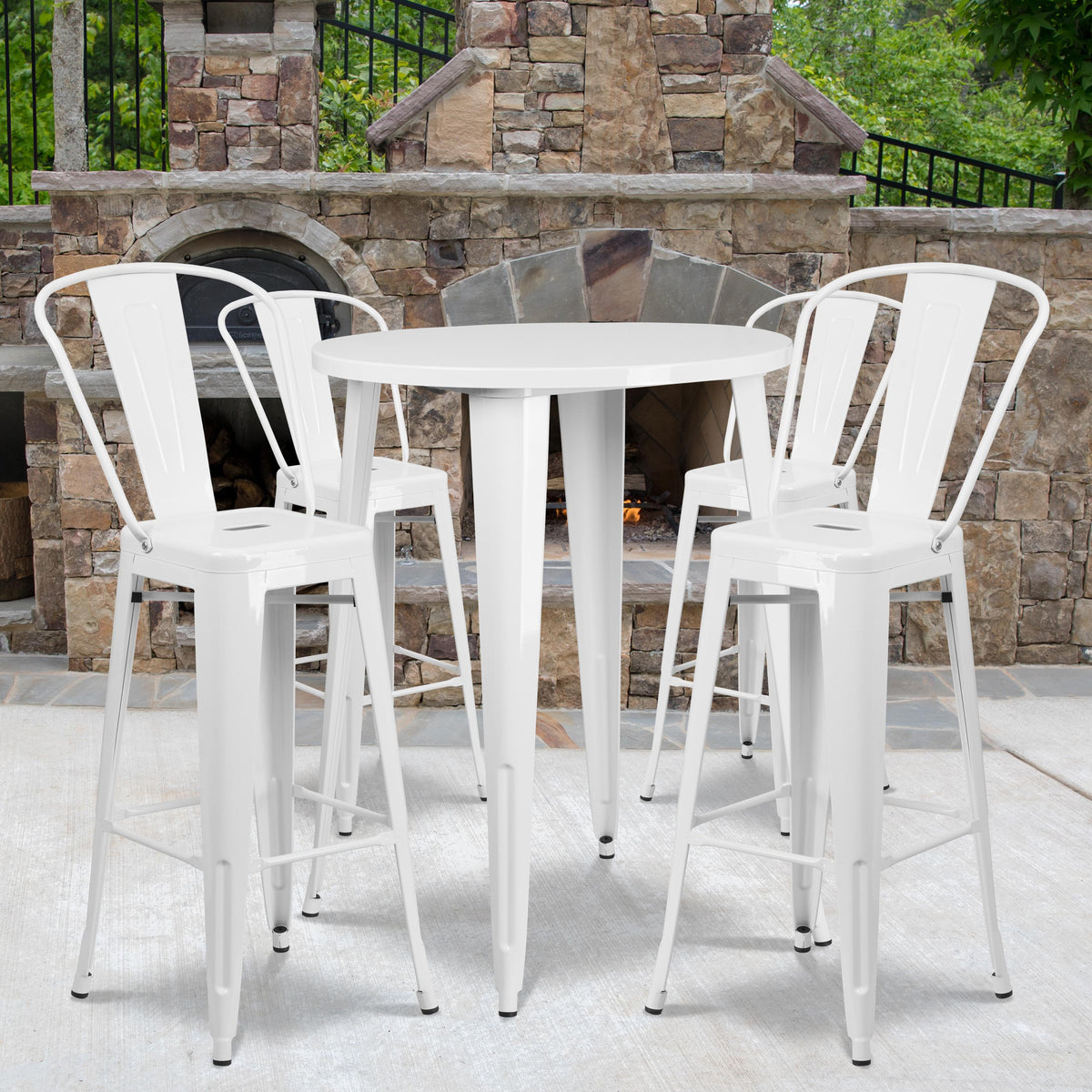 Flash Furniture 30" Round White Metal Indoor-Outdoor Bar Table Set with 4 Cafe Stools