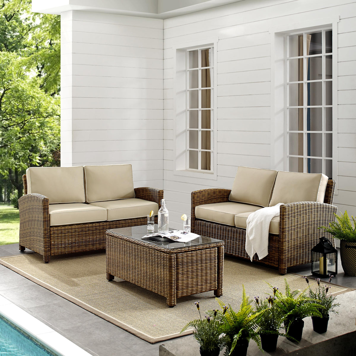 Crosley Outdoor Bradenton 3Pc Wicker Outdoor Loveseat Patio Furniture Set