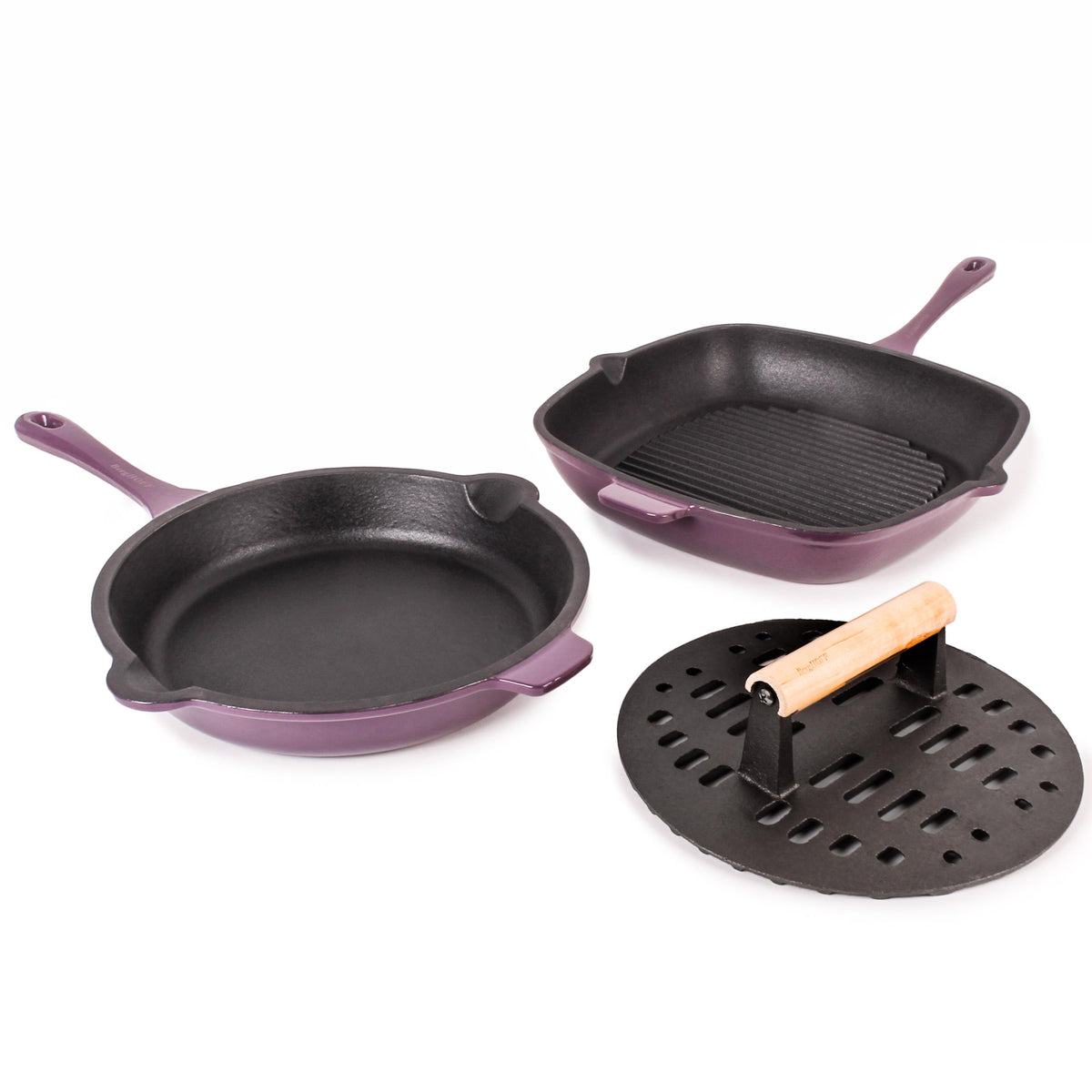 BergHOFF Neo 3pc Enamel on Cast Iron Cookware Set: 10" Fry Pan, Grill Pan and Slotted Steak Press, Purple