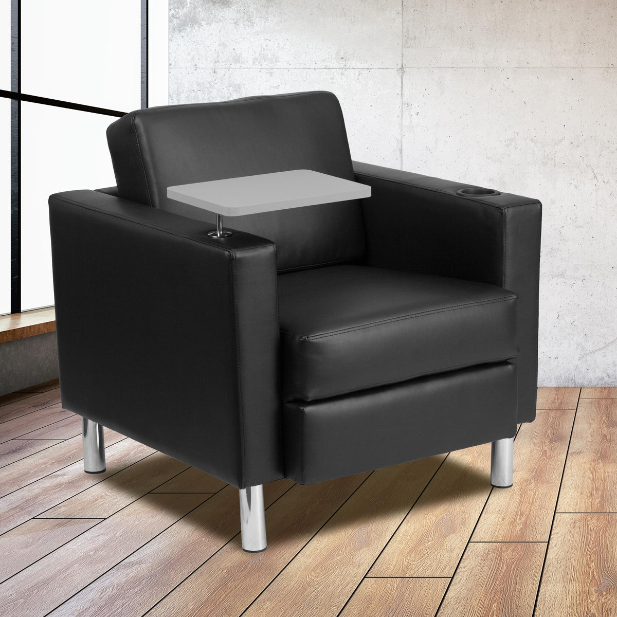 Flash Furniture Black LeatherSoft Guest Chair with Tablet Arm, Tall Chrome Legs and Cup Holder